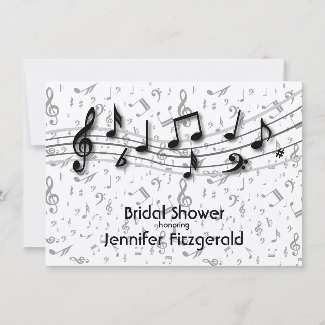 Silver Gray and black music Notes Bridal Shower Invitation (Front)