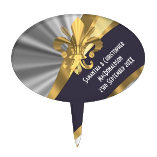 Silver gray and gold fleur de lys cake topper