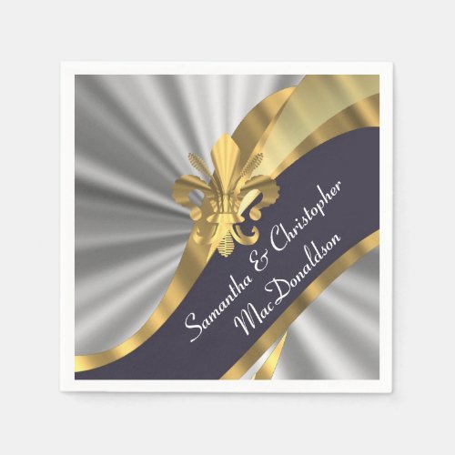 Silver gray and gold fleur de lys paper napkins