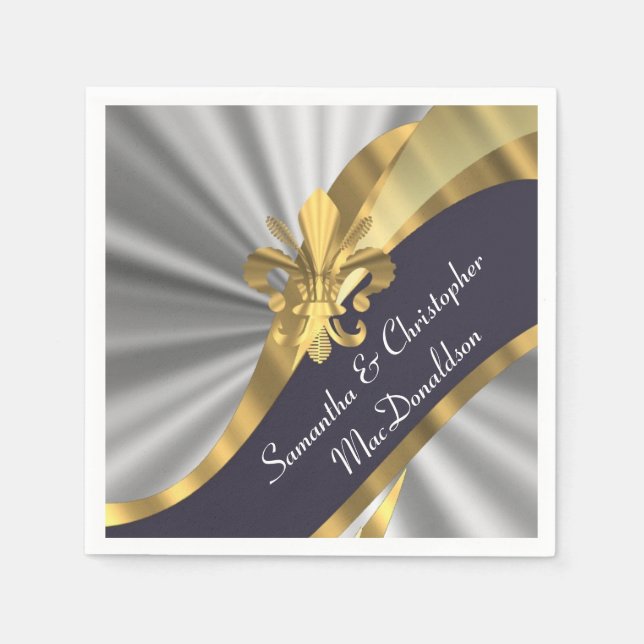 Silver gray and gold fleur de lys paper napkins (Front)