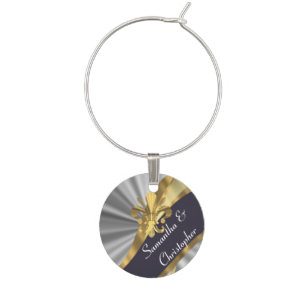 Silver gray and gold fleur de lys wine glass charm