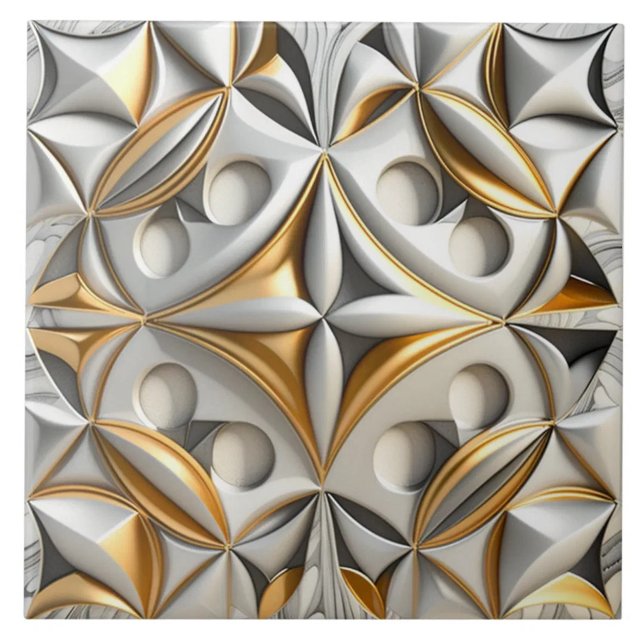 Silver Gray and Gold Geometric Illusion Ceramic Tile (The complete printed tile design. Tiles sold individually.)
