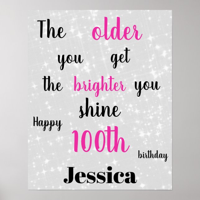 Silver Gray and Pink 100th Birthday Poster (Front)