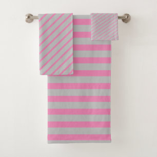 Silver Gray And Pink Stripes Bathroom Towel Set