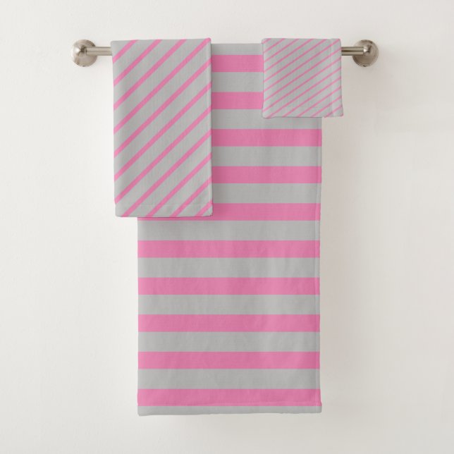 Silver Gray And Pink Stripes Bathroom Towel Set  (Insitu)