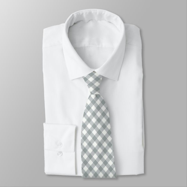 Silver Gray and White Angled Gingham Neck Tie (Tied)