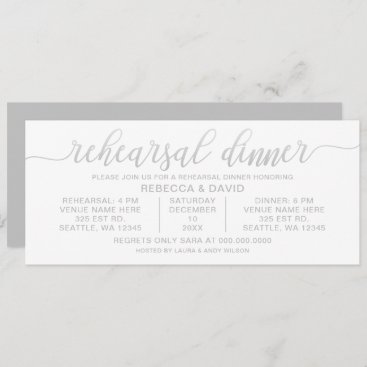 silver gray and white Calligraphy Rehearsal Dinner Invitation