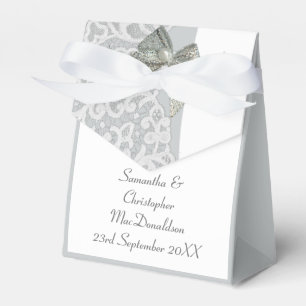 Silver gray and white damask lace wedding favor boxes