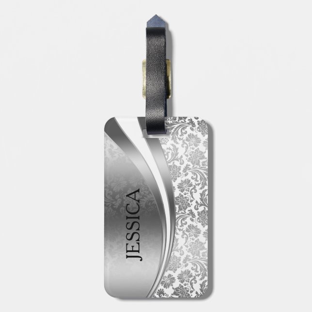 Silver Gray And White Damasks & Stripes Luggage Tag (Back Vertical)