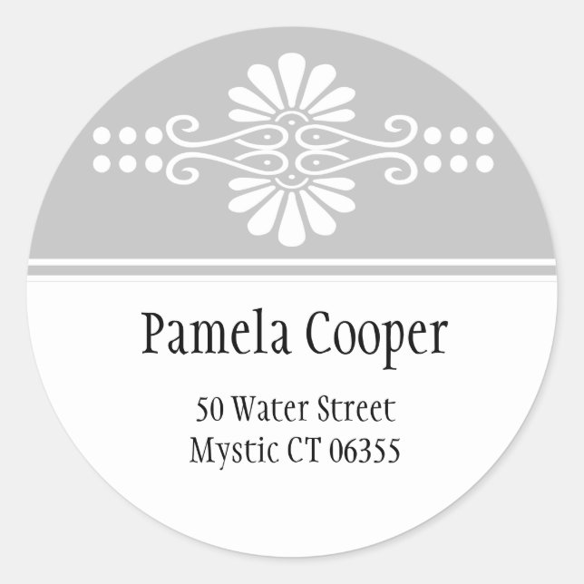 Silver Gray And White Floral Classic Round Sticker (Front)