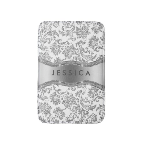 Silver Gray And White Floral Damasks Bath Mat