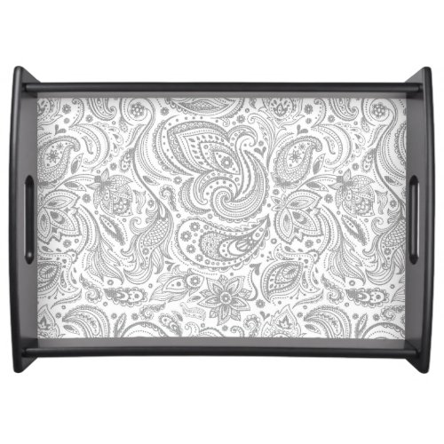 Silver Gray And White Floral Paisley Pattern Serving Tray