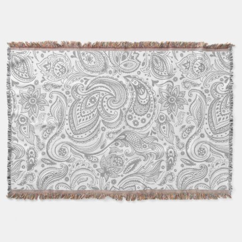 Silver Gray And White Floral Paisley Pattern Throw Blanket