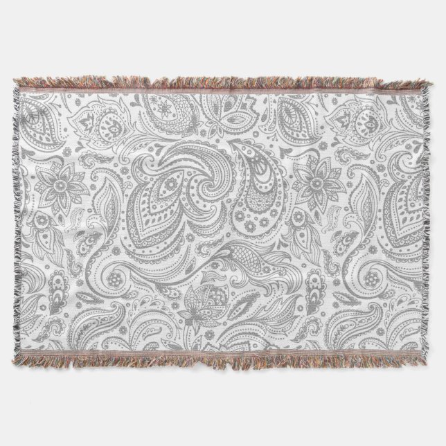 Silver Gray And White Floral Paisley Pattern Throw Blanket (Front)