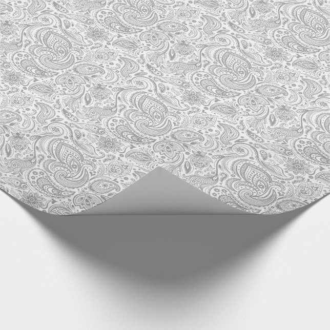 Silver Gray And White Floral Paisley Pattern Wrapping Paper (Corner)