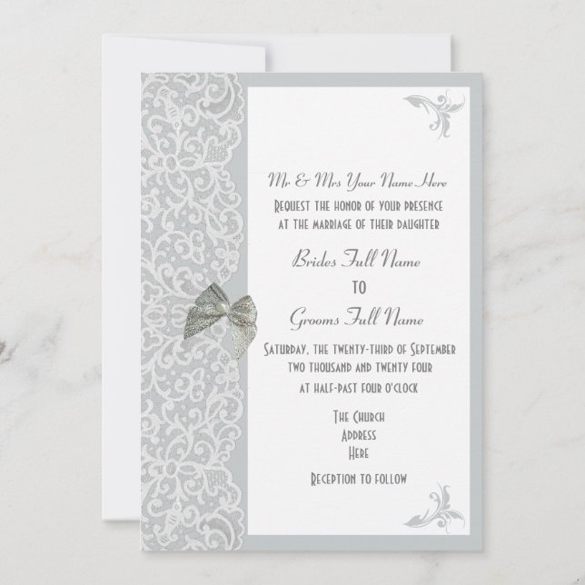 Silver gray and white lace  traditional wedding invitation (Back)