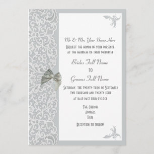 Silver gray and white lace traditional wedding invitation