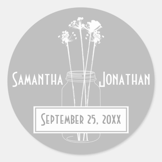 Silver Gray and White Mason Jar Wildflowers Classic Round Sticker (Front)