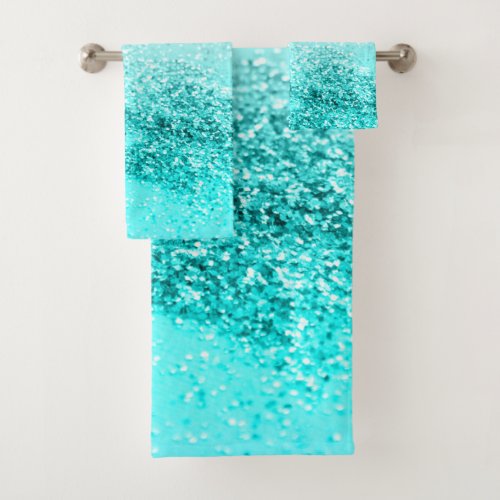 Silver Gray Aqua Teal Ocean Glitter 1 Bath Towel Set
