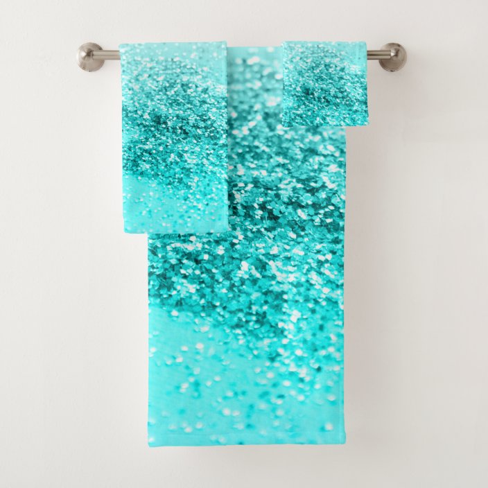 Silver Gray Aqua Teal Ocean Glitter 1 Bath Towel Set