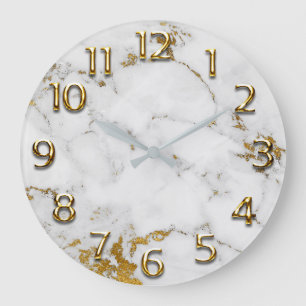 Silver Gray Arabic Numbers Abstract Gold Marble Large Clock