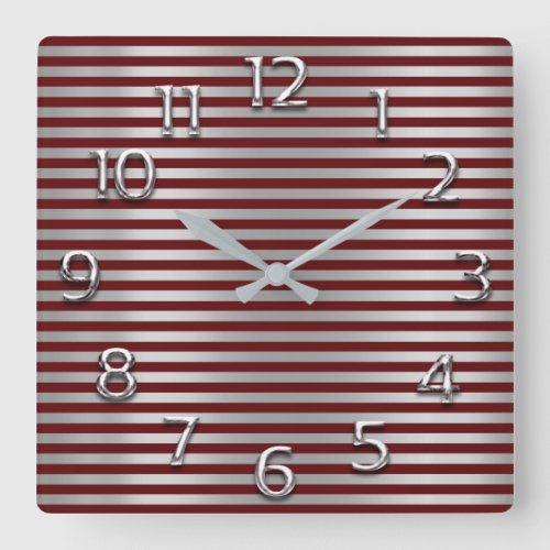 Silver Gray Arabic Numbers Burgundy Lines Stripes Square Wall Clock