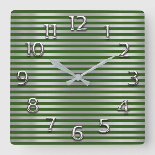 Silver Gray Arabic Numbers Cali Green Line Stripes Square Wall Clock