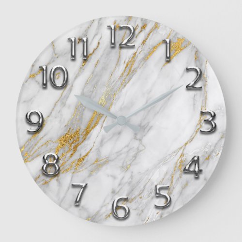 Silver Gray Arabic Numbers Gold Carrara Marble Large Clock