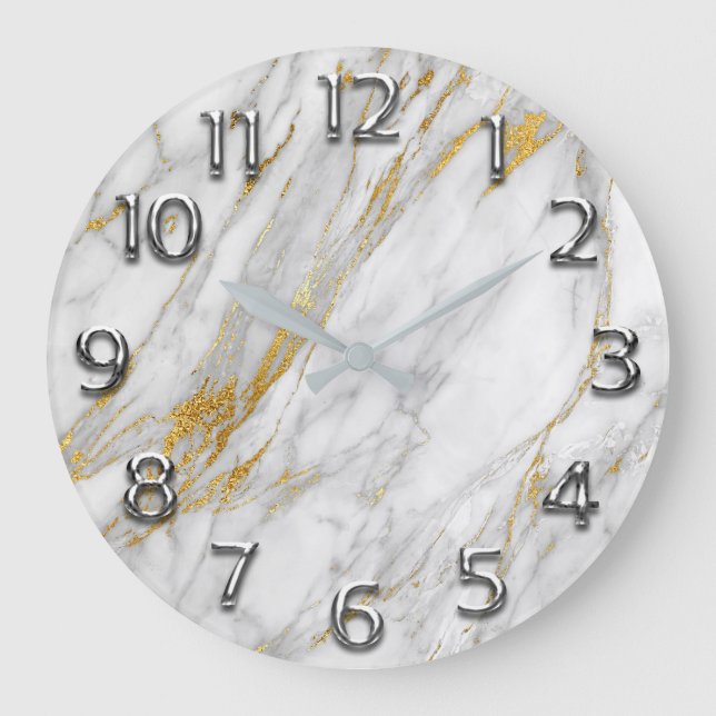 Silver Gray Arabic Numbers Gold Carrara Marble Large Clock (Front)