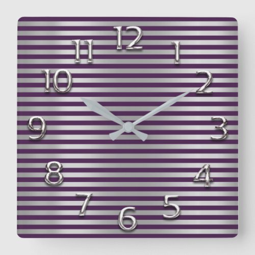 Silver Gray Arabic Numbers Purple Lines Stripes Square Wall Clock