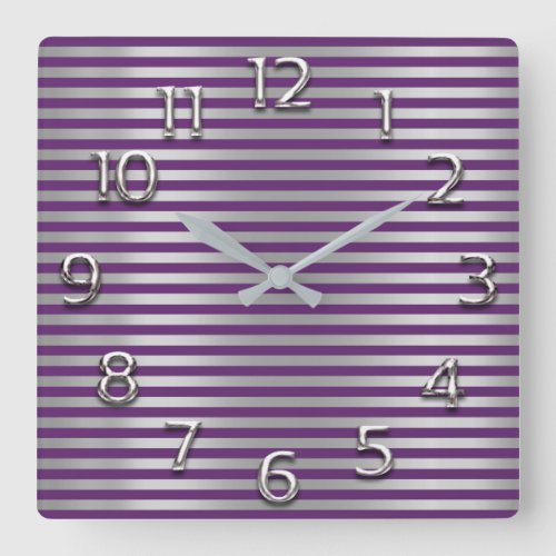 Silver Gray Arabic Numbers Purple Plum Line Stripe Square Wall Clock