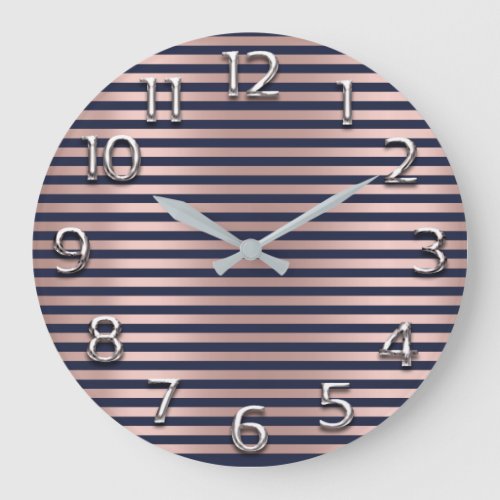 Silver Gray Arabic Numbers Rose Blue Navy Stripes Large Clock