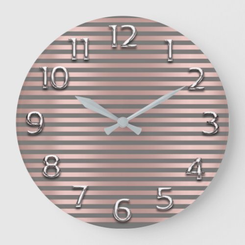 Silver Gray Arabic Numbers Rose Blush Glam Stripes Large Clock