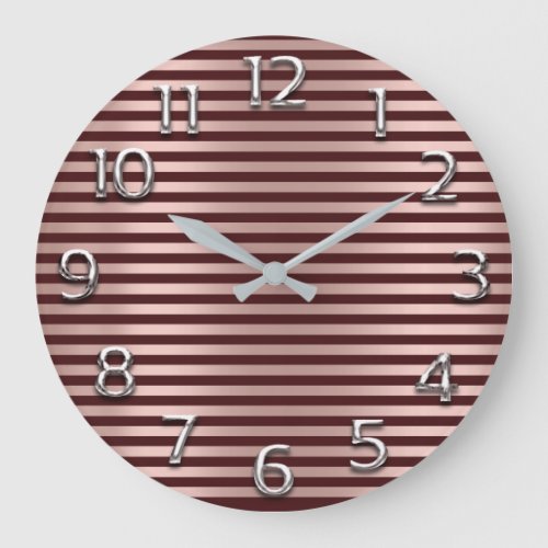 Silver Gray Arabic Numbers Rose Burgundy Stripes Large Clock