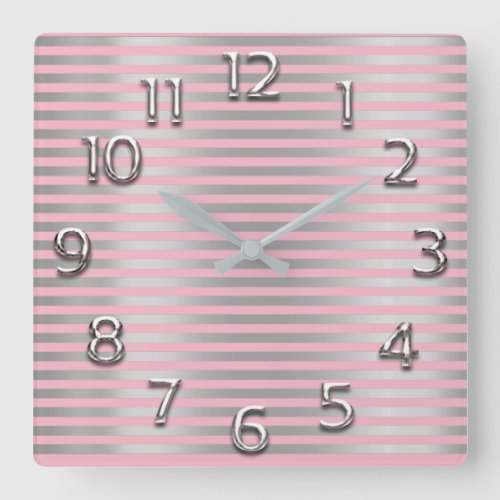 Silver Gray Arabic Numbers Rose Pink Grey Stripes Square Wall Clock