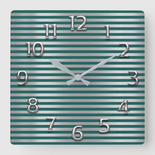 Silver Gray Arabic Numbers Teal Green Lines Stripe Square Wall Clock