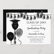 Silver Gray Balloons Grad Hat Graduation Party Invitation