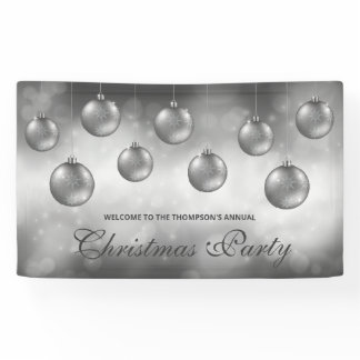 Silver Gray Baubles On Red Bokeh - Christmas Party Banner