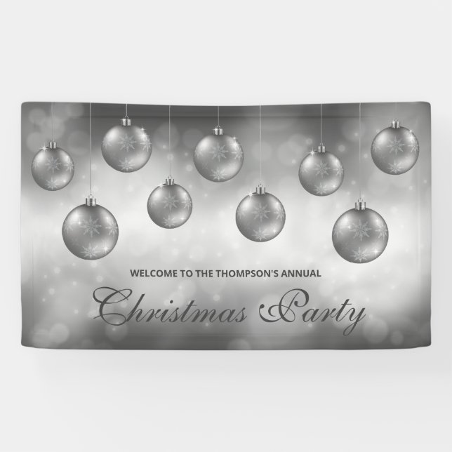 Silver Gray Baubles On Red Bokeh - Christmas Party Banner (Horizontal)
