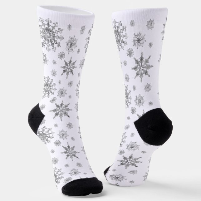 Silver Gray Beautiful Winter Snowflakes Pattern Socks (Angled)