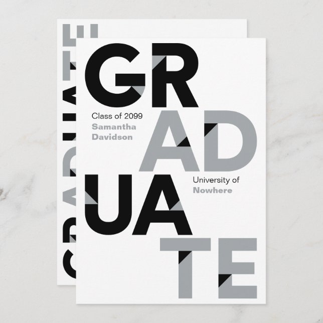 Silver Gray Big Bold Angle-Cut Letters Graduation Invitation (Front/Back)