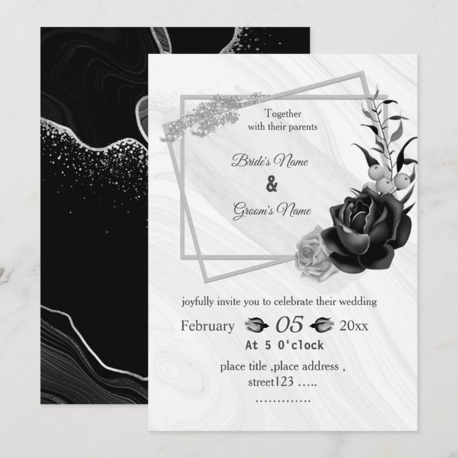 silver gray & black botanical geometric wedding invitation (Front/Back)
