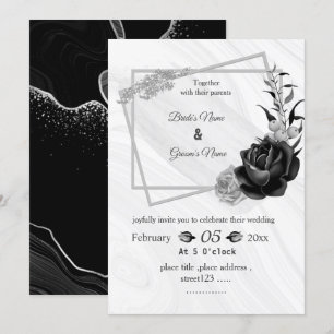 silver gray & black botanical geometric wedding invitation