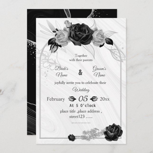 silver gray& black botanical geometric wedding invitation (Front/Back)