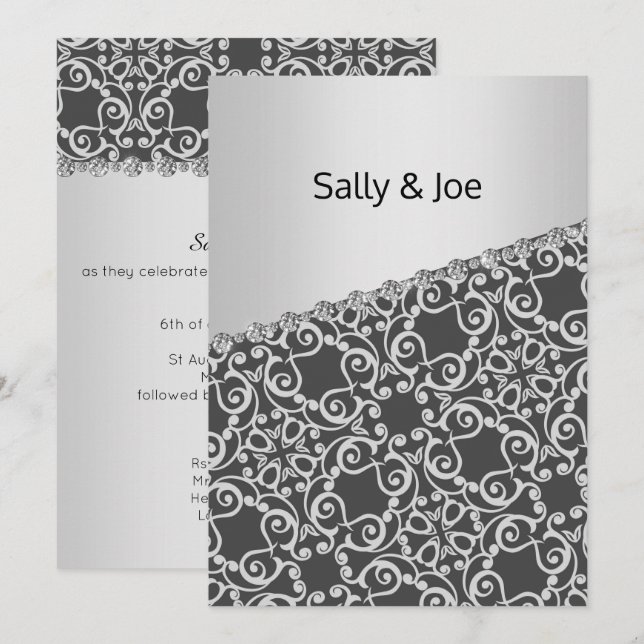 Silver Gray Black Diamond Wedding Engagement Invitation (Front/Back)