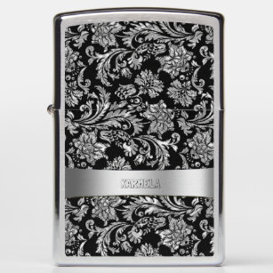 Silver Gray & Black Floral Damasks Zippo Lighter
