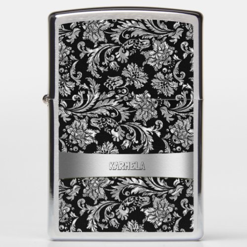 Silver Gray  Black Floral Damasks Zippo Lighter