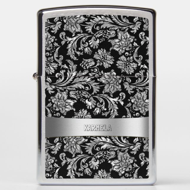 Silver Gray & Black Floral Damasks Zippo Lighter (Front)