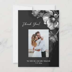 Silver Gray Black Floral Wedding Thank You Card