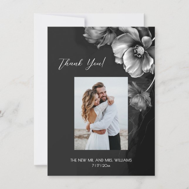 Silver Gray Black Floral Wedding Thank You Card (Front)